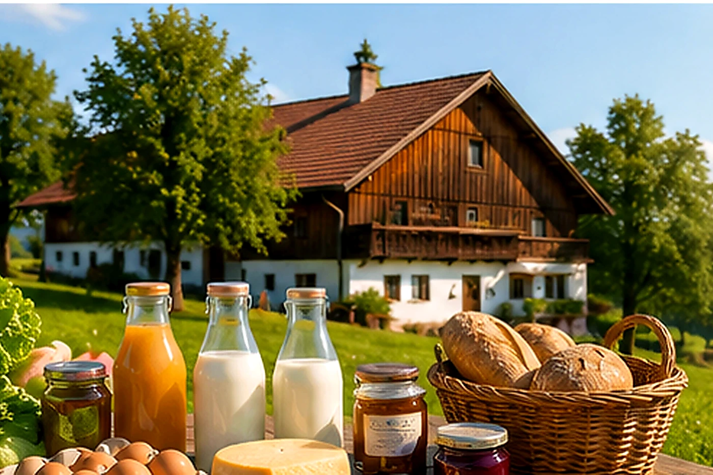 Ab-Hof-Produkte vor einem ländlichen Betriebsgebäude als Symbol für Unternehmergeist und Direktvermarktung